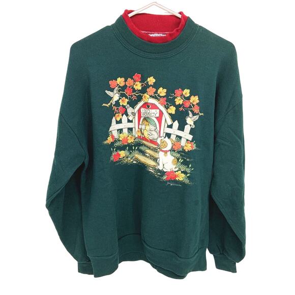 Morning Sun Green Crewneck Sweater No Vacancy Kittens Print Multicolor Size L - Picture 2 of 7